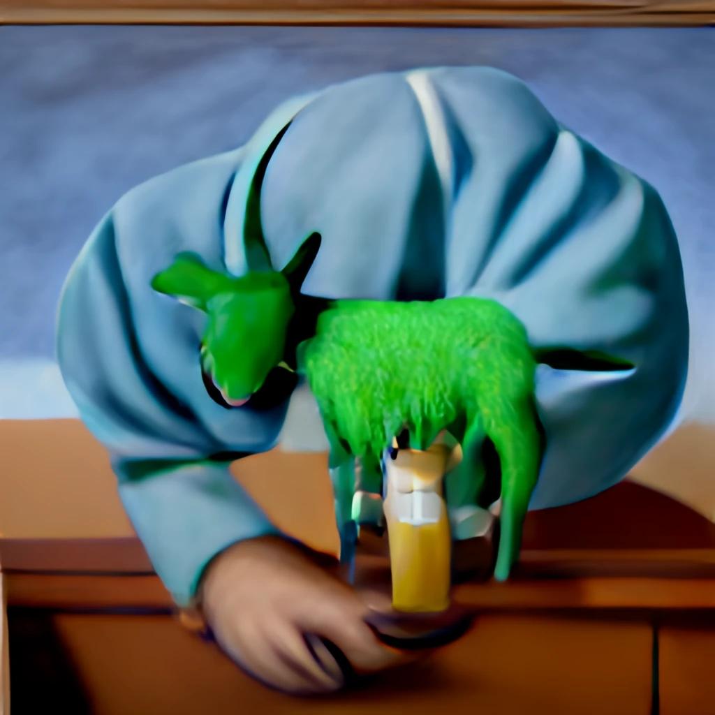 A surreal goat sips formaldehyde from flask in Magritte-inspired laboratory