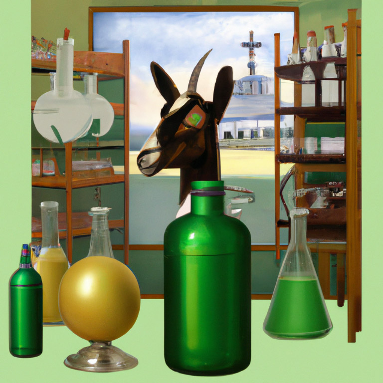 A surreal goat oversees the laboratory with stunning view of the brewery building behind.