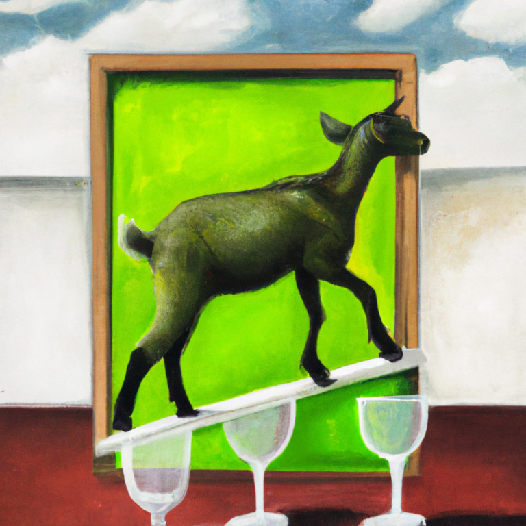 A surreal goat balances Magritte-style over stemmed glasses infront of a neon green square